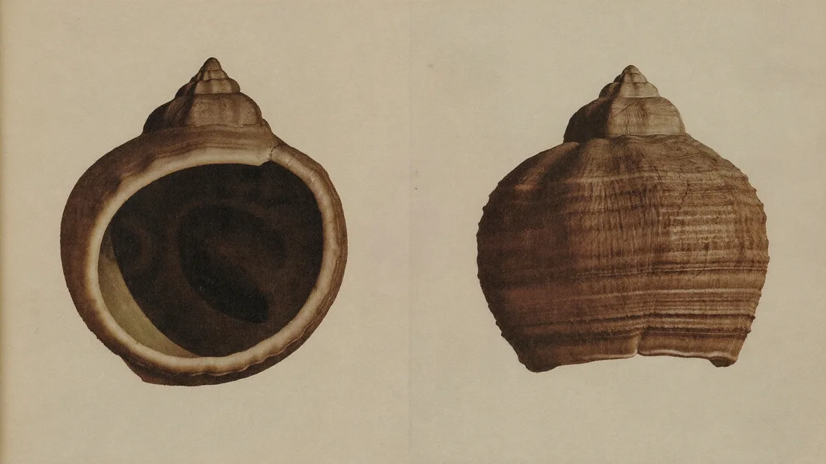 Illustrated front and reverse views of a spiral shell